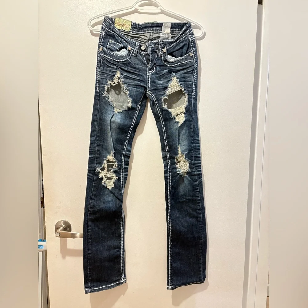 Machine Distressed Blue Jeans - Picture 1 of 5